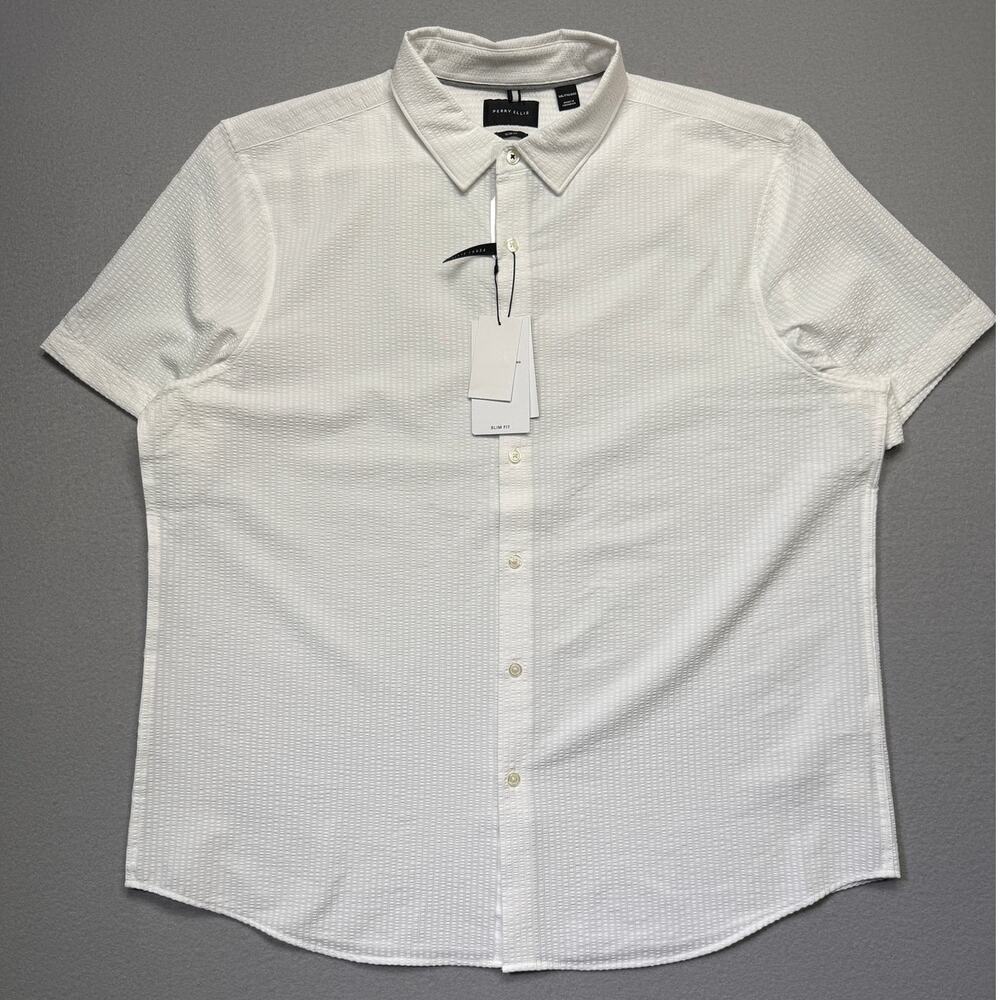 Perry Ellis Men's Slim-Fit Stretch Seersucker Shirt Bright White 2XL $80